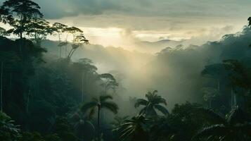 ai generiert generativ ai, amazonisch Urwald nebelig Landschaft, tropisch Regenwald mit Palme Bäume foto