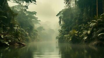 ai generiert generativ ai, amazonisch Urwald nebelig Landschaft, tropisch Regenwald mit Palme Bäume foto