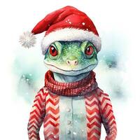 ai generiert generativ ai, süß Eidechse Tier, Haustier im Weihnachten Hut und hässlich Pullover, Aquarell Stil. foto