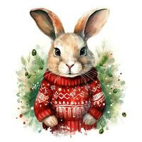 ai generiert generativ ai, süß Hase Tier, Haustier im Weihnachten Hut und hässlich Pullover, Aquarell Stil. foto