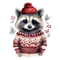 ai generiert generativ ai, süß Waschbär Tier, Haustier im Weihnachten Hut und hässlich Pullover, Aquarell Stil. foto