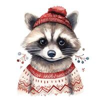 ai generiert generativ ai, süß Waschbär Tier, Haustier im Weihnachten Hut und hässlich Pullover, Aquarell Stil. foto