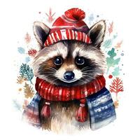 ai generiert generativ ai, süß Waschbär Tier, Haustier im Weihnachten Hut und hässlich Pullover, Aquarell Stil. foto