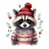 ai generiert generativ ai, süß Waschbär Tier, Haustier im Weihnachten Hut und hässlich Pullover, Aquarell Stil. foto