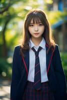 ai generiert ein schön asiatisch jung Frau im Schule Uniform draußen foto