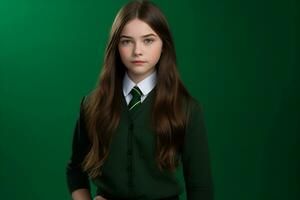 ai generiert ein schön jung Russisch hoch Schule Schüler Mädchen im ein Schule Uniform isoliert auf ein Grün Hintergrund foto