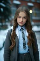 ai generiert ein schön Russisch hoch Schule Schüler Mädchen im Schule Uniform draußen im Winter foto