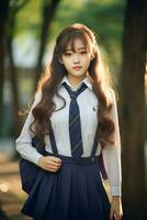 ai generiert Porträt von ein schön jung Koreanisch hoch Schule Schüler Mädchen mit wellig Haar im ein Schule Uniform draußen foto