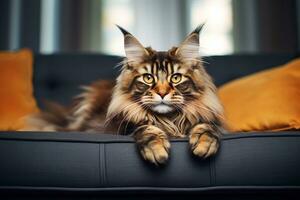 ai generiert ein Maine Waschbär Katze ist Sitzung auf ein Couch foto