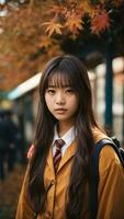 ai generiert ein jung japanisch Schule Mädchen mit lange Haar tragen Schule Uniform und Jacke foto