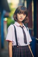 ai generiert ein schön jung Koreanisch hoch Schule Schüler Mädchen mit kurz Haar im ein Schule Uniform draußen foto