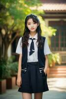ai generiert ein jung Chinesisch hoch Schule Schüler Mädchen mit wellig Haar im ein Schule Uniform posieren zum ein Foto