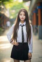 ai generiert ein jung Chinesisch hoch Schule Schüler Mädchen im ein Schule Uniform posieren zum ein Foto