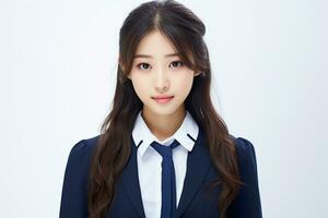 ai generiert Porträt von schön jung japanisch hoch Schule Schüler Mädchen im ein Schule Uniform isoliert auf ein Weiß Hintergrund foto
