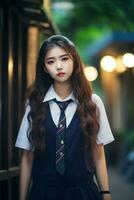 ai generiert ein jung Chinesisch hoch Schule Schüler Mädchen mit wellig Haar im ein Schule Uniform posieren zum ein Foto