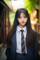 ai generiert ein jung Chinesisch hoch Schule Schüler Mädchen im ein Schule Uniform posieren zum ein Foto