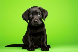 ai generiert ein schwarz Labrador Hündchen Sitzung auf ein Grün Hintergrund foto