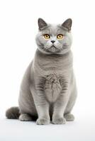 ai generiert ein britisch kurzes Haar Katze mit Gelb Augen Sitzung Nieder auf Weiß Hintergrund foto