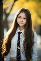 ai generiert Porträt von schön jung japanisch hoch Schule Schüler Mädchen im ein Schule Uniform draußen foto