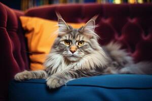 ai generiert ein Maine Waschbär Katze ist Sitzung auf ein Couch foto