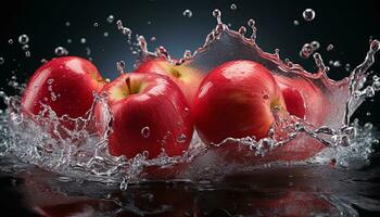 ai generiert frisch rot Äpfel mit Wasser Spritzen auf ein schwarz Hintergrund foto