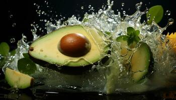 ai generiert Avocados mit Wasser Spritzen auf ein schwarz Hintergrund foto