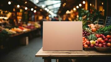 ai generiert generativ ai, Poster oder Schild spotten oben zum Logo Design, Marke Präsentation auf verschwommen Essen Markt Hintergrund foto