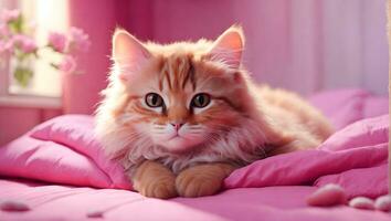 ai generiert ein flauschige Orange Katze Verlegung auf ein Rosa Decke im ein Rosa Zimmer foto