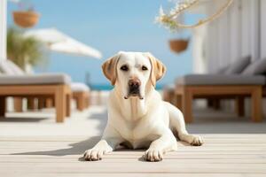 ai generiert ein Hund Sitzung auf ein hölzern Deck in der Nähe von das Ozean foto