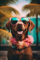 ai generiert Hund tragen Sonnenbrille und ein Bandana auf ein tropisch Hintergrund foto