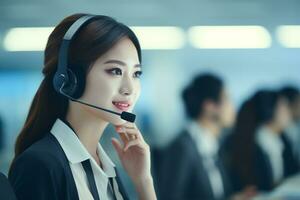 ein asiatisch Menschen tragen ein Headset Arbeiten im ein Anruf Center foto