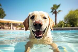 ai generiert ein Hund ist Schwimmen im ein Schwimmbad foto