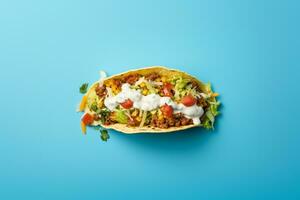 Tacos mit Fleisch und Gemüse auf ein Blau Hintergrund foto