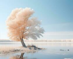 ein Infrarot Bild von ein Baum auf das Ufer von ein See generativ ai foto