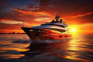 ai generiert Luxus Yacht im das Meer beim Sonnenuntergang. 3d machen Illustration, Yacht Kreuzfahrt beim Sonnenuntergang, ai generiert foto