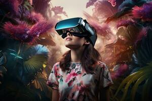 ai generiert jung Frau mit virtuell Wirklichkeit Headset auf dunkel Hintergrund. 3d Wiedergabe, Frau tragen ein virtuell Wirklichkeit Headset im verträumt Welt, ai generiert foto