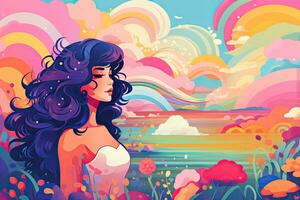 ai generiert schön Mädchen auf das Hintergrund von das Meer und Regenbogen. Vektor Illustration, wunderlich Postimpressionist Illustration im eben Stil mit Pastell- Palette und Synthwave Twist, ai generiert foto