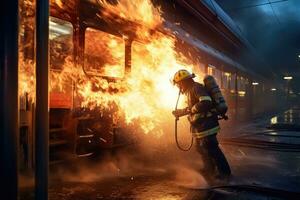 ai generiert Feuerwehrleute löschen ein Feuer im ein Zug Bahnhof beim Nacht, ein Feuerwehrmann mit Wasser und ein Feuerlöscher zu Kampf mit Feuer Flammen im ein Unfall Auto auf das streckenseitig Straße, ai generiert foto