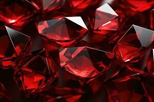 ai generiert rot Diamanten auf ein dunkel Hintergrund. 3d machen Illustration, abstrakt Hintergrund von rot Diamanten, ai generiert foto