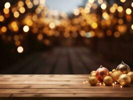 ai generiert ai generiert abstrakt verschwommen funkelnd Hintergrund mit leeren Holz Tabelle zum Weihnachten Urlaub Stand. foto