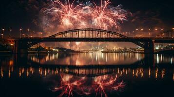ai generiert ai generiert Neu Jahr Feier Feuerwerk Über Brücke unten städtisch Stadt. foto