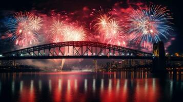 ai generiert ai generiert Neu Jahr Feier Feuerwerk Über Brücke unten städtisch Stadt. foto