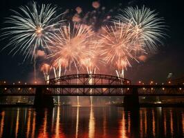 ai generiert ai generiert Neu Jahr Feier Feuerwerk Über Brücke unten städtisch Stadt. foto