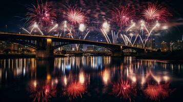 ai generiert ai generiert Neu Jahr Feier Feuerwerk Über Brücke unten städtisch Stadt. foto