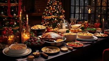 ai generiert Weihnachten Abendessen Tabelle voll von Geschirr mit Essen und Snacks, Weihnachten Veranstaltung foto