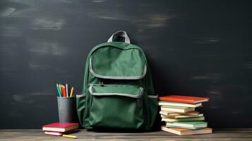 ai generiert Tafel Hintergrund mit Schule Rucksack und Bücher, Kopieren Raum foto