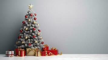 ai generiert Weihnachten Baum und Geschenke auf das minimalistisch Hintergrund foto