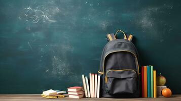 ai generiert Tafel Hintergrund mit Schule Rucksack und Bücher, Kopieren Raum foto