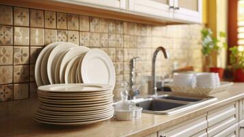 ai generiert ein Sammlung von sauber Geschirr im ein Jahrgang Küche mit hölzern Schränke und Wasser klopfen. generativ ai foto
