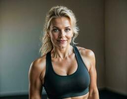 ai generiert Foto von schön Mitte alt Frau mit blond Haar und Sport Outfit tun Übung im Fitnessstudio, generativ ai